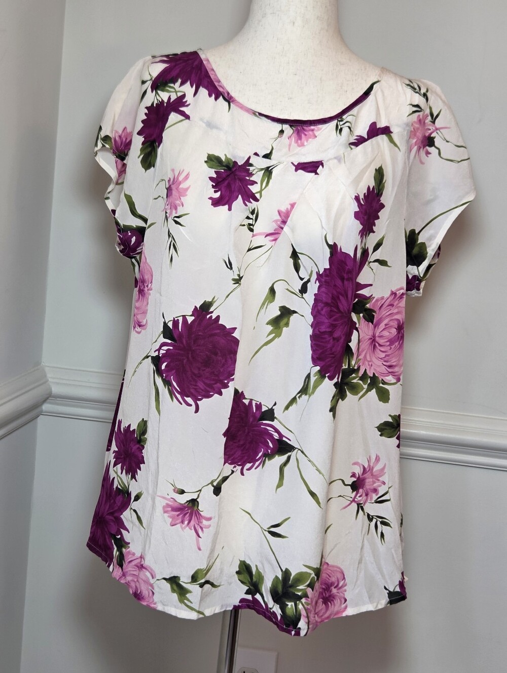 Talbots 100% Silk Floral Blouse Size 14 Purple Pink Office Workwear Top